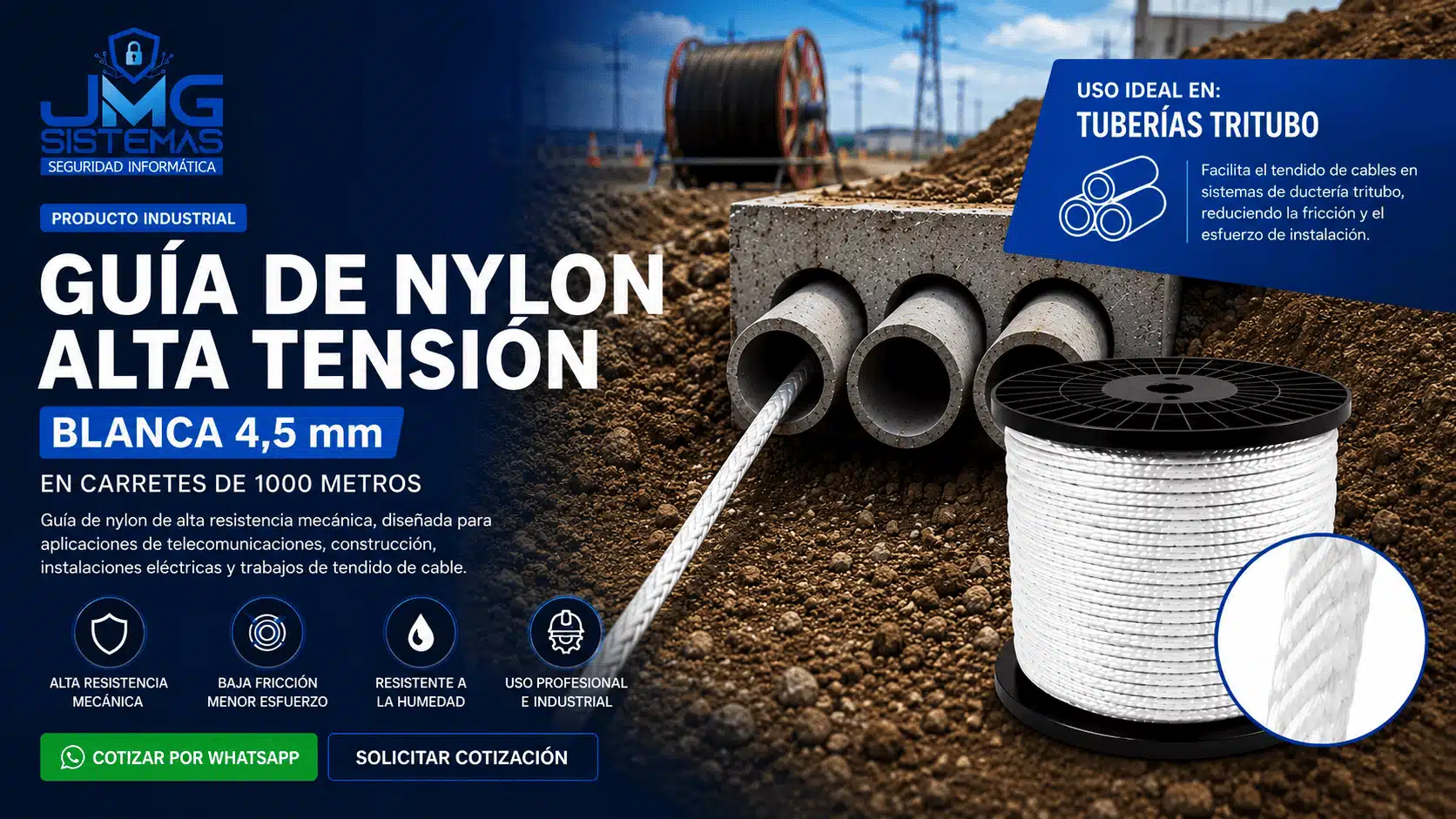 Guía de nylon de alta tensión para tendido de fibra óptica en tubería tritubo